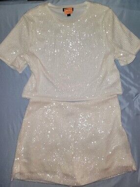 Express White Sequin Skort Set Medium 2 Piece Crop Top Sparkle Party Festival